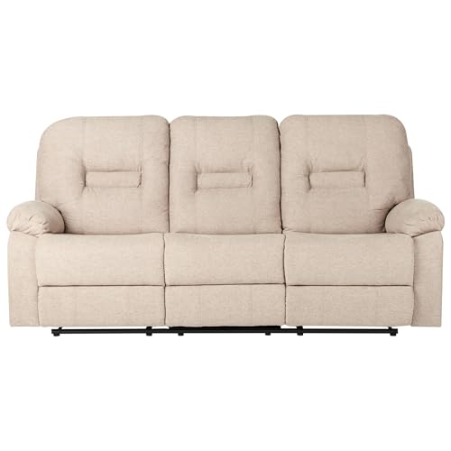 Divano 3 Posti In Tessuto Beige Schienale E Poggiapiedi Regolabili Manualmente - 5