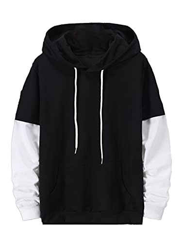 Milumia Men s Color Block Hoodies Drop Shoulder Pullover Drawstring Sweatshirts Black Large
