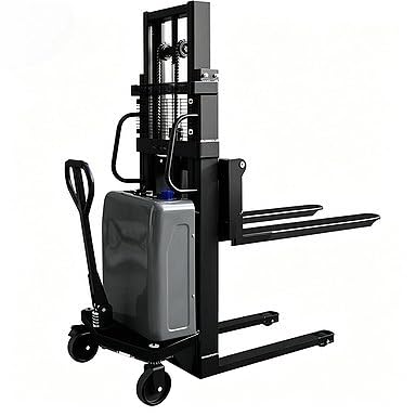 Apilador de palés autoelevable, apilador de caminar detrás con horquillas ajustables, patas de montar a horcajadas, altura de elevación de 137 pulgadas, capacidad de carga de 3500 libras