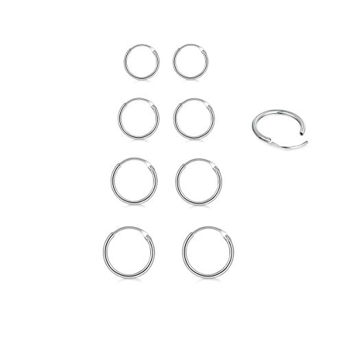 4 Pair Sterling Silver Small Endless Hoop Earrings Set, Unisex Cartilage Earrings Nose Lip Rings Body Piercing Jewelry