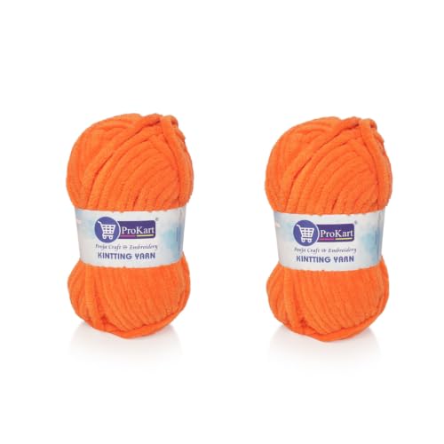 Image of ProKart Premium Blankie Wool, Plush & Cuddly, Chenille Yarn Supersoft Hand Knitting Wool Ball | Blanket Thick /Mottu Yarn Ball Suitable for Hand Knitting and Crocheting for Baby, Adult, Sweaters, caps, Throws, Home Furnishing, Scarves, Blankets (Bright Orange, 100gms x 2 Pack)