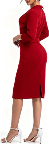 Image of SxClub Dresses for Women 3 /4 Sleeve Business Knee Length Pencil Dress | Women's Elegant Dress Wear to Work Sexy V Neck Cocktail Evening Fall Outfits with Belt