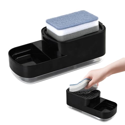 Dosificador de Detergente a presión,Dispensador de Jabón de Cocina, con Soporte de Esponja y Bandeja, Detergente Recargable para Lavavajillas, Negro Dosificador de Detergente a presión,Dispensador de Jabón de Cocina, con Soporte de Esponja y Bandeja, Detergente Recargable para Lavavajillas, Negro