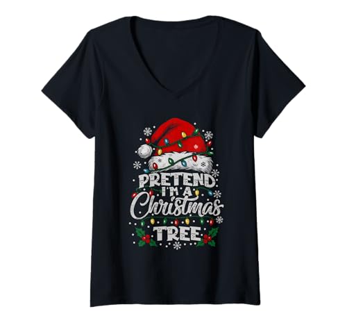 Femme Pretend I'm A Christmas Tree Costume Assorti à Noël Familial T-Shirt avec Col en V
