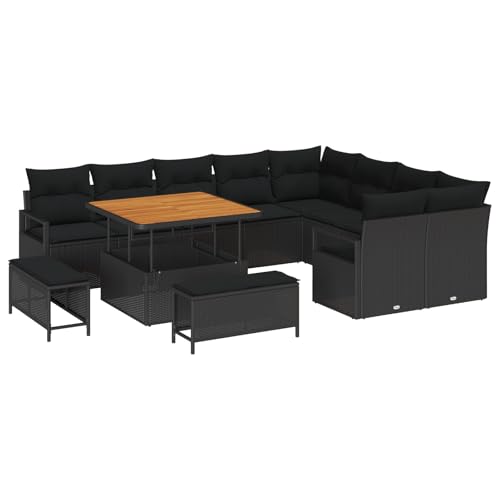 vidaXL Juego de 12 sofás de jardín con cojines de polirratán negro de acacia, sofá de 2 plazas con espacio de almacenamiento y cojines, color negro