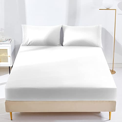 YIYEA Fitted Sheet Only, Premium Double Brushed Microfiber Deep Pocket Fitted Sheet Full Size, Ultra Soft Fitted Bottom Sheet, Shrinkage, Fade Resistant, Full, White