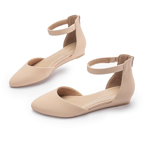 Image of Cusolemore Women Flat Shoes with Ankle Strap, Low Wedge Heel Flats for Women, Comfortable Pointed Toe Dress Shoes for Work Business Wedding
