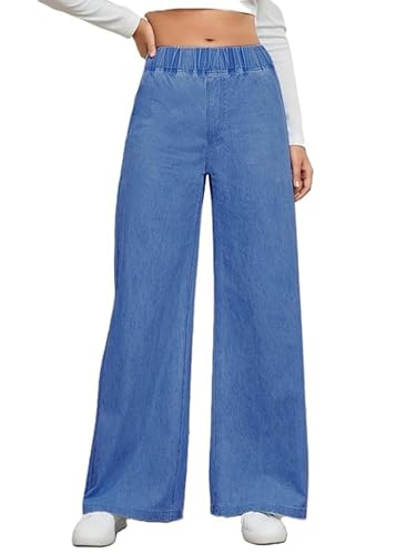 Image of ADBUCKS Women's Stretch Denim Wide Leg Jeans Comfort Fit with Elastic Waistband, Straight Cut, Casual Style for All Seasons, Versatile Clothing