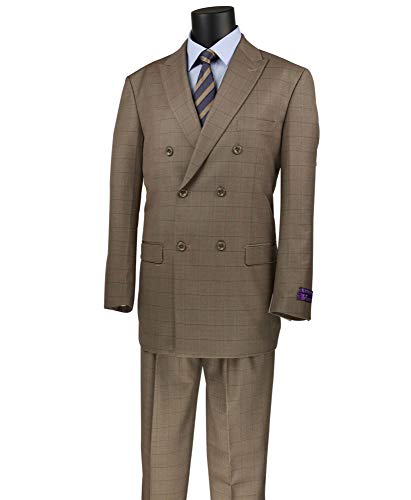 Vinci Men's Windowpane Plaid Double Breasted 6 Button Classic Fit Suit Tan | Size: 40 Regular / 34 Waist #TOP3