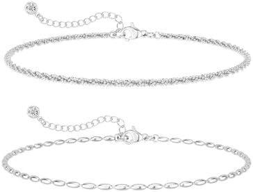 koperin Trendy 14K Silver Plated Ankets Set - Adjustable Stack Sparkle Glitter Beaded Ankle Bracelet for Women Waterproof Summer Dainty Jewelry Gifts