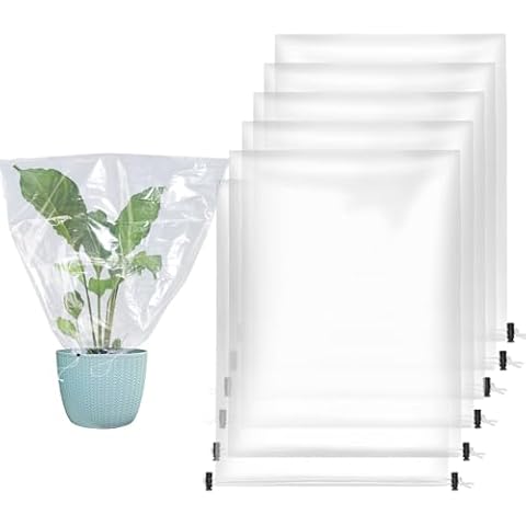 ANPHSIN 6 Pcs Winter Plant Cover Freeze Protection - 23.6" x 31.5" Plastic Plant Frost Bags with Drawstring, Transparent Waterproof Plant Shelter Coverings for Outdoors Garden Potted Plants Cover