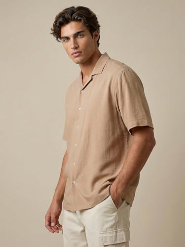 Image of Urbano Fashion Men's Cotton Half Sleeve Relaxed Fit Textured Shirt with Cuban Collar