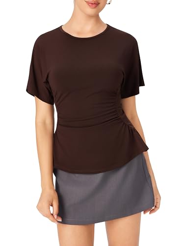 CIDER Women's Tight Waist Going Out Shirt Short Sleeve Ruched Slim Fit Casual Top for Women Trendy 2025 Y2K4