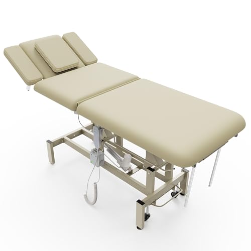 Image of 2 Motors Electric Massage Table, Hydraulic Electric Lift Adjustable Waist and Height Lifting Functions for Treatment, Physical Therapy, Spinal Massage, Facial Spa, Waxing, Tattooing - Beige Gray