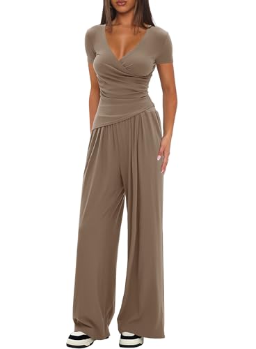 Darong Conjunto de 2 piezas para mujer, con cuello en V, camisa de manga larga y pantalones de pierna ancha, conjunto casual a juego, Caqui (entrepierna de 29 pulgadas), Medium