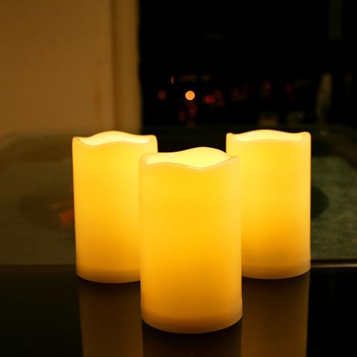 Image of CANDLE CHOICE Waterproof Outdoor Battery Operated Flameless Candles with Remote Timer Plastic Flickering Fake Electric LED Pillars for Lantern Garden Wedding Christmas Decorations 3x5 Inches 3 PCS