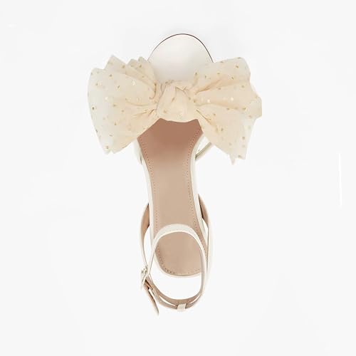 Image of Coutgo Womens Bow Tie Heels Sandals Slingback Peep Toe Wedding Heels Mesh High Stiletto Heel Summer Cute Wedding Bridal Shoes