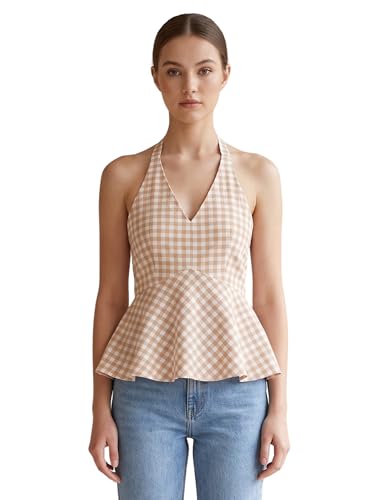 Image of Women's Gingham Halter Neck Peplum Top, Sleeveless, Casual Summer Blouse