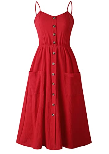 Image of YMING Womens Summer Spaghetti Strap Dresses Button Down Floral Sundress High Waist Swing Midi Dress with Pockets