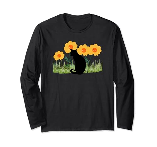 Gato negro con flores sonrientes Manga Larga