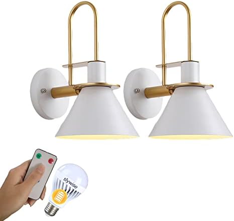 YuanlingModern Battery Operated Wall Sconce, 2 Pack, Easy Wireless Installation Remote Control Dimmable Lights for Bedroom Decor, Bulb Included, White, Warm light