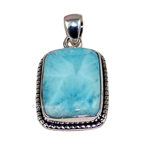 Véritable pendentif en argent sterling 925 pour homme femme, véritable coussin de cabochon de larimar pierre précieuse bleue incroyable pendentif fabriqué...