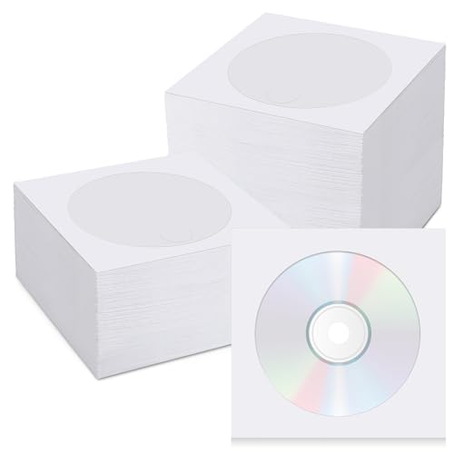 1000 PCS White Paper CD DVD Sleeves Envelope Holder with Clear Window and Flap, Thick CD Paper Sleeves Storage Cases Holder DVD Cases Media Storage, 80g