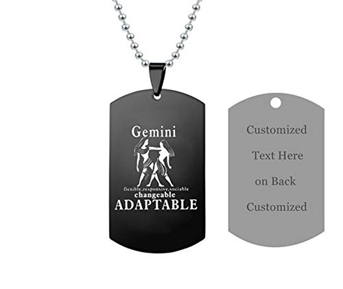 LF Stainless Steel Personalized Name Date Custom Gemini Zodiac Sign Necklaces Customised Constellation Necklace Gemini Dog Tag Pendant for Husband,Wife,Boyfriend,Girlfriend for Birthday Gift