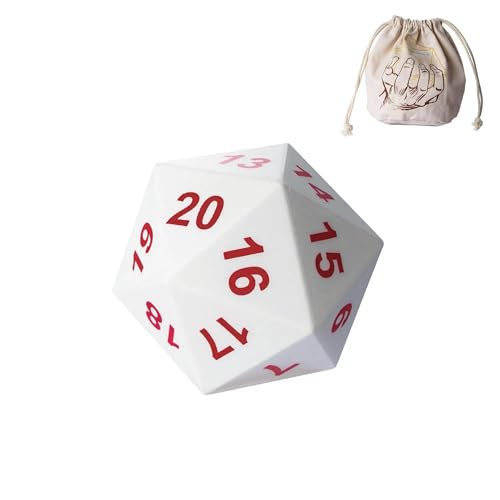 Image of Large D20 Foam DND Dice, Jumbo 80mm Spindown D&D RPG 20 Sided Dice with Drawstring Bag for Role Playing Games (White )