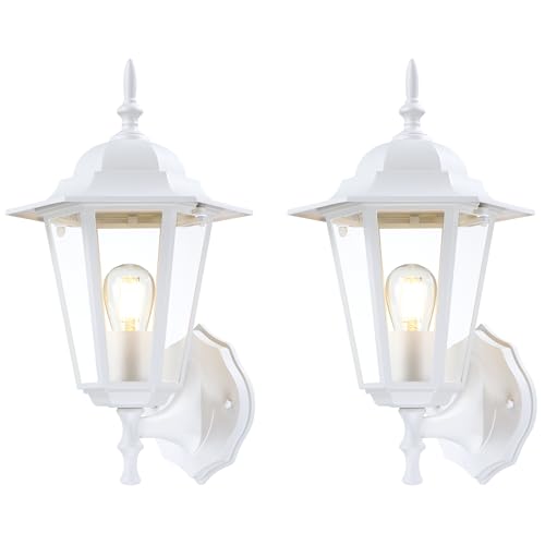 YaoKuem Outdoor Wall Lantern, Wall Sconce as Porch Lighting Fixture, E26 Base 60W Max, Aluminum Housing Plus Glass, Wet Location Rated, Bulbs not Included, Matte White, 2 Pack