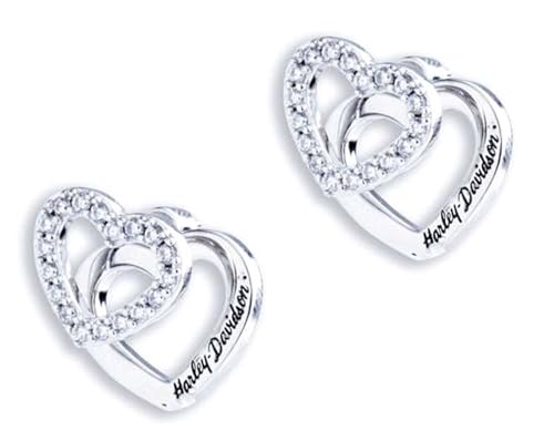 Harley-Davidson Women's Double Interlocked Heart Crystal Stud Earrings, Silver