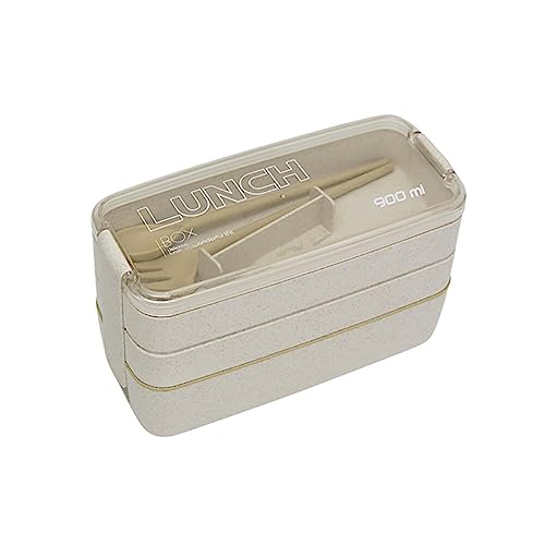 Adult Lunch Box Square 3 Compartment 900ML Sealed Bento Box 3 Layers All-in-One Stackable Bento Box Containers with Fork Spoon for Home Travel Office Plastic Lunch Box (Beige)