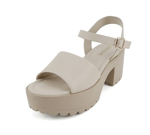 Image of Soda inchStacie inch ~ Women Open Toe Lug Sole Mid Block Heeled Sandals with Adjustable Ankle Strap