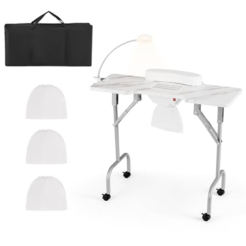 GOPLUS Table Manucure Professionnelle à roulettes Verrouillables, Table Onglerie Pliante Portable avec Aspirateur à Poussières, Lampe LED, Coussin de...