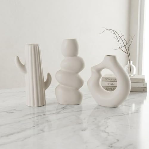 Image of Modern Ceramic Vase Set of 3 | Nordic Minimalist Donut & Abstract Design Flower Vases | Matte White Home Decor for Living Room, Table, Shelf, Office | Pampas & Dried Flower Vase