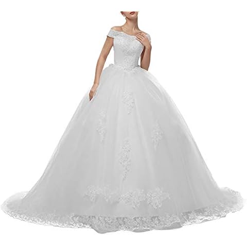 Brautkleider Damen Lang Hochzeitskleid Spitzen Prinzessin Brautmode A-Linie Tüll Standesamtkleider Schnürung Weiß 36 Cover