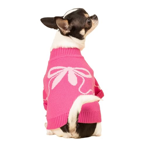 Image of Fitwarm Bowknot Valentines Sweater, Thermal Winter Clothes for Small Dogs Girl, Charming Valentines Outfit, Puppy Chihuahua Jumper, Holiday Pet Apparel, Pink, Extra Small