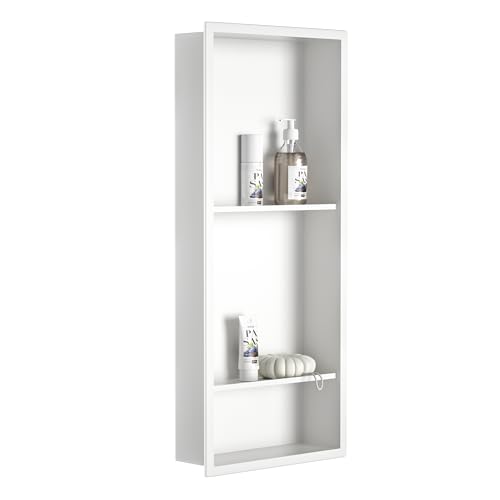 Bernkot Stainless Steel Shower Niche 30" X 12" White with 3-Tiers Shelves No Tile Needed Niche Shower for Bathroom Storage Recessed Shower Shelves Over Mount Installation