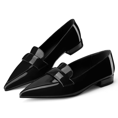 Image of Pointed Toe Flats for Women Black Patent Leather Pointy Loafers Slip On Pumps Comfortable Elegant Dressy Shoes