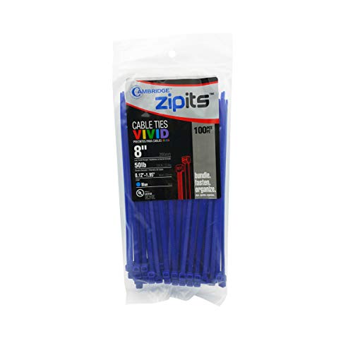Cambridge ZipIts Cable Ties 8-in 50 Lb Standard Duty Self Locking Blue Zip Ties, 100 Pack, UL Listed, Contractor Quality and Strength