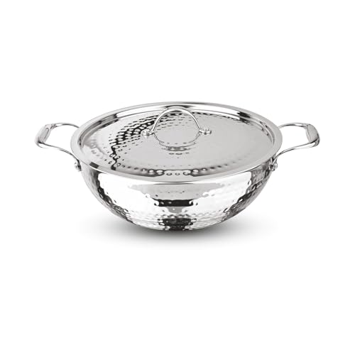 Image of Signoraware Artista Tri Ply Stainless Steel Hammered Shallow Kadhai 28cm with Lid | Gas & Induction Compatible | Stylish Indian Kadhai for Healthy Meal | Ideal for Daily Cooking (4.6 LTR | Steel)