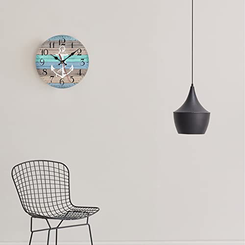 Lokmu Silent Non Ticking Clock 10 Inch, Round Wall Clock,Decorative For Living Room, Kitchen, Home,Bathroom, Bedroom, Office Or School Beach Wood Nautical Stripes Anchor #TOP2