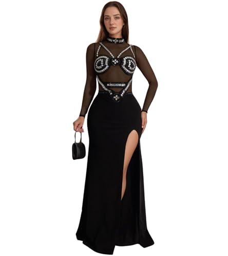 Image of Jigfar Women Sexy Elegant Rhinestone Mesh See Through Party Club Night Split Bodycon Formal Maxi Dress