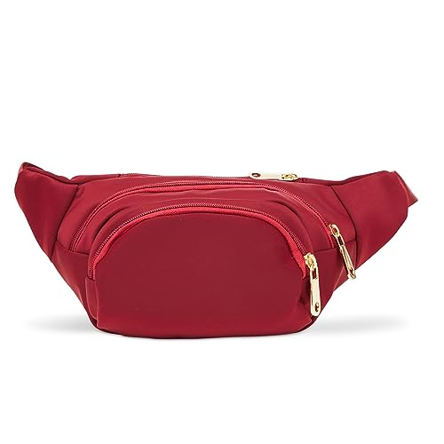 Zodaca Plus Size Crossbody Fanny Pack - Hip Bag with 3 Pockets & Gold Zippers - Convert to Waist Belt Bag or Crossbody Strap - Burgundy Nylon, 5XL, Fits 34-60 in Waist