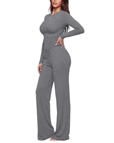 Image of ZOOSIXX Lounge Sets for Women - 2 Piece Outfits Crop Tops with Fold Over Flare Leggings Fall Loungewear Fitted Pajama
