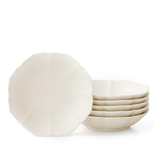 Image of WENSHUO Lotus-shaped Shallow Bowls Set of 6, 7-inch Irregular Small Size Plate, Crème