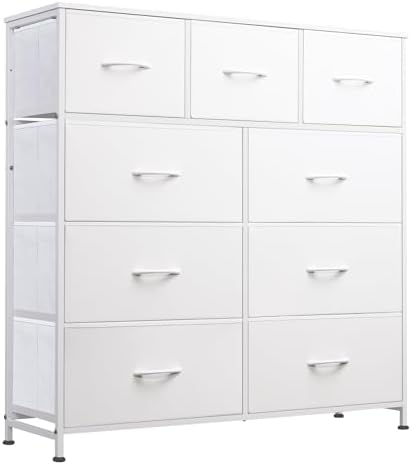 WLIVE 9-Drawer Dresser, Fabric Storage Tower for Bedroom, Hallway, Closet, Tall Chest Organizer Unit for Bedroom with Fabric Bins, Steel Frame, Wood Top, Easy Pull Handle, White