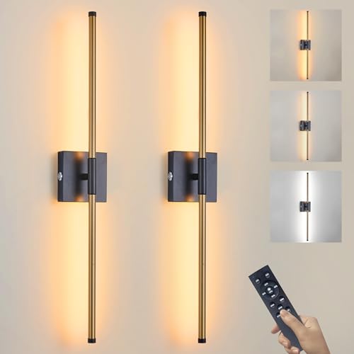 Image of 15800 mAh Battery Operated Wall Sconces with Remote Control Dimmable Wall Sconces Set of Two 3000K LED Brass Gold and Black Wireless Wall Light Battery Powered Cordless Rechargeable Sconces Decor