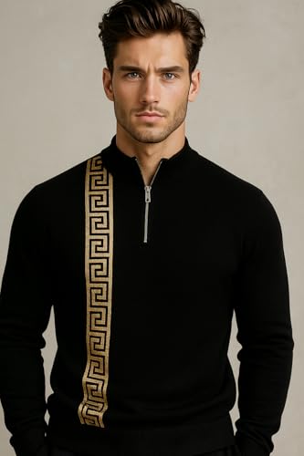 Elyora Mens Track Suits 2 Piece Set Jogging Suit Gold Greek Sweatpants Zip Pullover Matching Pants Workout Sweat Pant Set (US, Alpha, Large, Regular, Regular, Black)