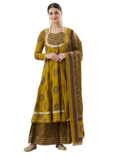 Image of MOKOSH Women's Cotton Print Anarkali Kurta Sharara with Dupatta | Anarkali Kurta Set | Queen Anne Neck Full Sleeve Ethnic Suit | Floral Kurta 3 Colour Option Available | 3 Piece Outfit